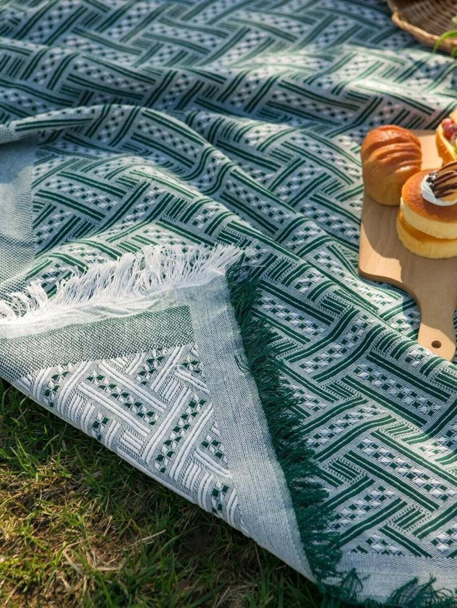 1pc Geometric Pattern Fringe Trim Picnic Mat, Modern Polyester Picnic Blanket For Outdoor - Multicolor - View 1