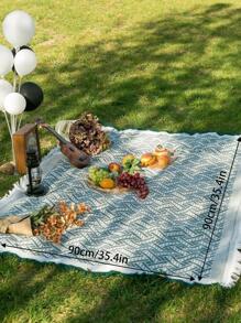 1pc Geometric Pattern Fringe Trim Picnic Mat, Modern Polyester Picnic Blanket For Outdoor - Multicolor - View 3