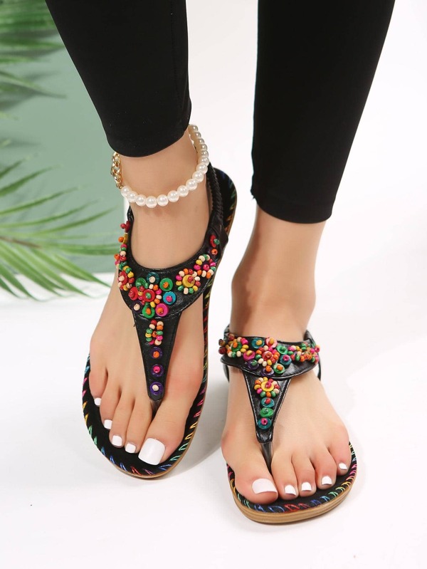 Vacation Black Sandals For Women, Beaded Decor Thong Sandals Valentines