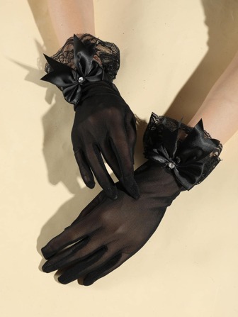 Cute 1pair Women Solid Bow Decor Fashionable Full Finger Gloves For Daily Decoration Halloween Valentine's Day