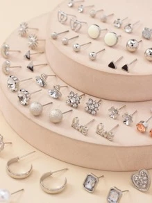 30 Cái/bộ Thời Trang Hợp Kim Kẽm Trái Tim & Hoa Thiết Kế Bông Tai Nữ Cho Cuộc Sống Hàng Ngày - Bạc - Xem 4