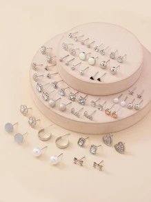 30 Cái/bộ Thời Trang Hợp Kim Kẽm Trái Tim & Hoa Thiết Kế Bông Tai Nữ Cho Cuộc Sống Hàng Ngày - Bạc - Xem 3