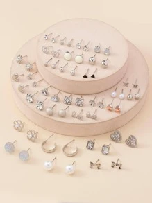 30 Cái/bộ Thời Trang Hợp Kim Kẽm Trái Tim & Hoa Thiết Kế Bông Tai Nữ Cho Cuộc Sống Hàng Ngày - Bạc - Xem 2