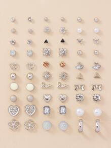 30 Cái/bộ Thời Trang Hợp Kim Kẽm Trái Tim & Hoa Thiết Kế Bông Tai Nữ Cho Cuộc Sống Hàng Ngày - Bạc - Xem 1