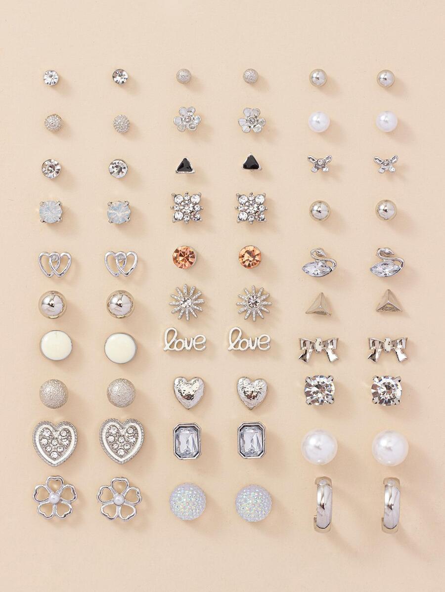 30 Cái/bộ Thời Trang Hợp Kim Kẽm Trái Tim & Hoa Thiết Kế Bông Tai Nữ Cho Cuộc Sống Hàng Ngày - Bạc - Xem 1