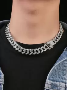 1入組奢華鋅合金水鑽裝飾鏈條樣式項鍊適合男士適用於日常生活,適用於首飾類禮品和派對 - 復古銀色 - 查看 1