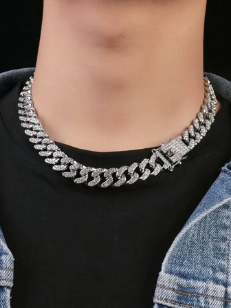 1入組奢華鋅合金水鑽裝飾鏈條樣式項鍊適合男士適用於日常生活,適用於首飾類禮品和派對