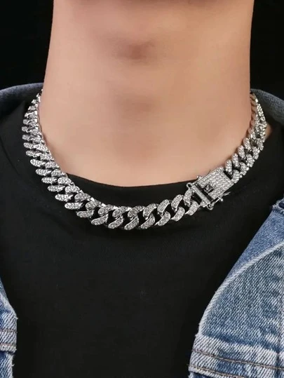 1pc Luxury Zinc Alloy Rhinestone Decor Chain Necklace For Men For Daily Life, For Jewelry Gift And Party