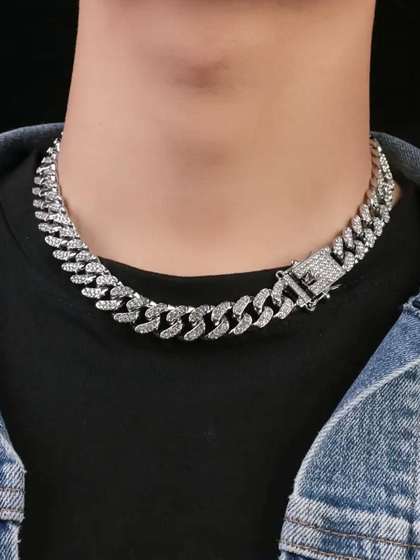 1入組奢華鋅合金水鑽裝飾鏈條樣式項鍊適合男士適用於日常生活,適用於首飾類禮品和派對 - 復古銀色 - 查看 1