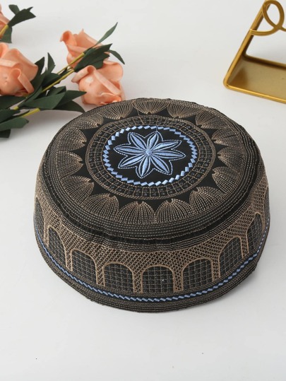 قبعة صلاة محبوكة مزينة بالتطريز خفيفة الوزن وبدون حافة للرجال الإسلاميين مع التطريز، قطعة واحدةرمضان