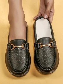 女士金屬裝飾鏤空穆勒時尚戶外真皮平底鞋 - 黑色 - 查看 2