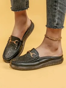 女士金屬裝飾鏤空穆勒時尚戶外真皮平底鞋 - 黑色 - 查看 5