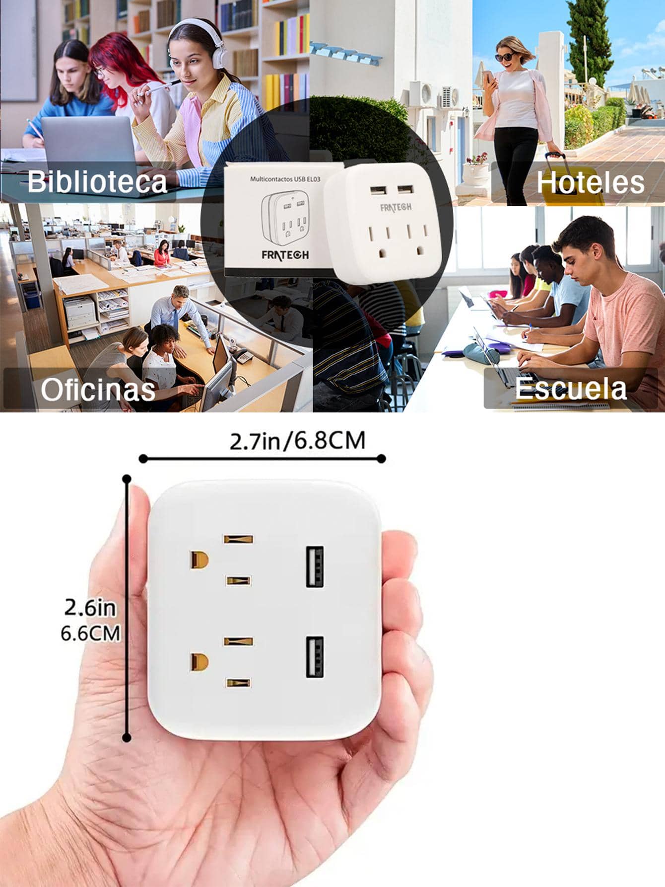 Multicontacto USB, Conector Multiple con 2 Enchufes de AC y 2 USB, Protector de Sobretensión, Multicontacto Pared Adaptador Enchufe Multiple para hogar y oficinas - Blanco - Ver 1