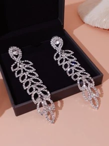 1pair Luxury Rhinestone Leaf Drop Earrings For Women For Party - Silver - View 1