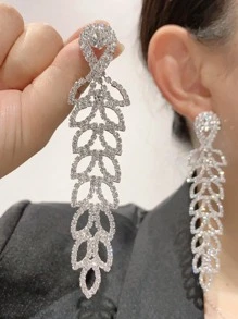 1pair Luxury Rhinestone Leaf Drop Earrings For Women For Party - Silver - View 2