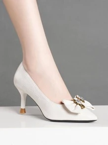 女士水鑽和蝴蝶結裝飾尖頭細跟宮廷優雅戶外高跟鞋 - 米色 - 查看 3