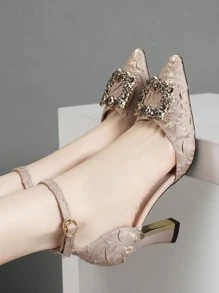 Fashion Pointed Toe Hollow Out High Heels Shoes With Rhinestone Decor & Chunky Heels For Women