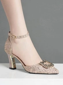 Fashion Pointed Toe Hollow Out High Heels Shoes With Rhinestone Decor & Chunky Heels For Women