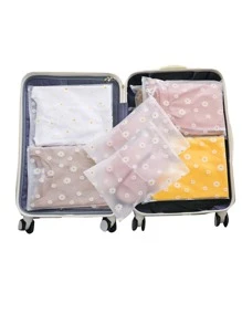 7pcs Floral Pattern Travel Storage Bag PVC Clothes Storage Bag, Travel Organizer Set, Packing Cube Set With Shoe Toiletry And Laundry Bags School Supplies College Dorm Essentials For Student Room Decor Bedroom Decor School Supplies School Accessories Back To School University Students Holiday Summer Festival Vacation Clothing Storage Box Closet Storage Container Bag Organizer For Bedroom Home For Blankets Beddings Comforter Pillow Toys - Clear - View 1