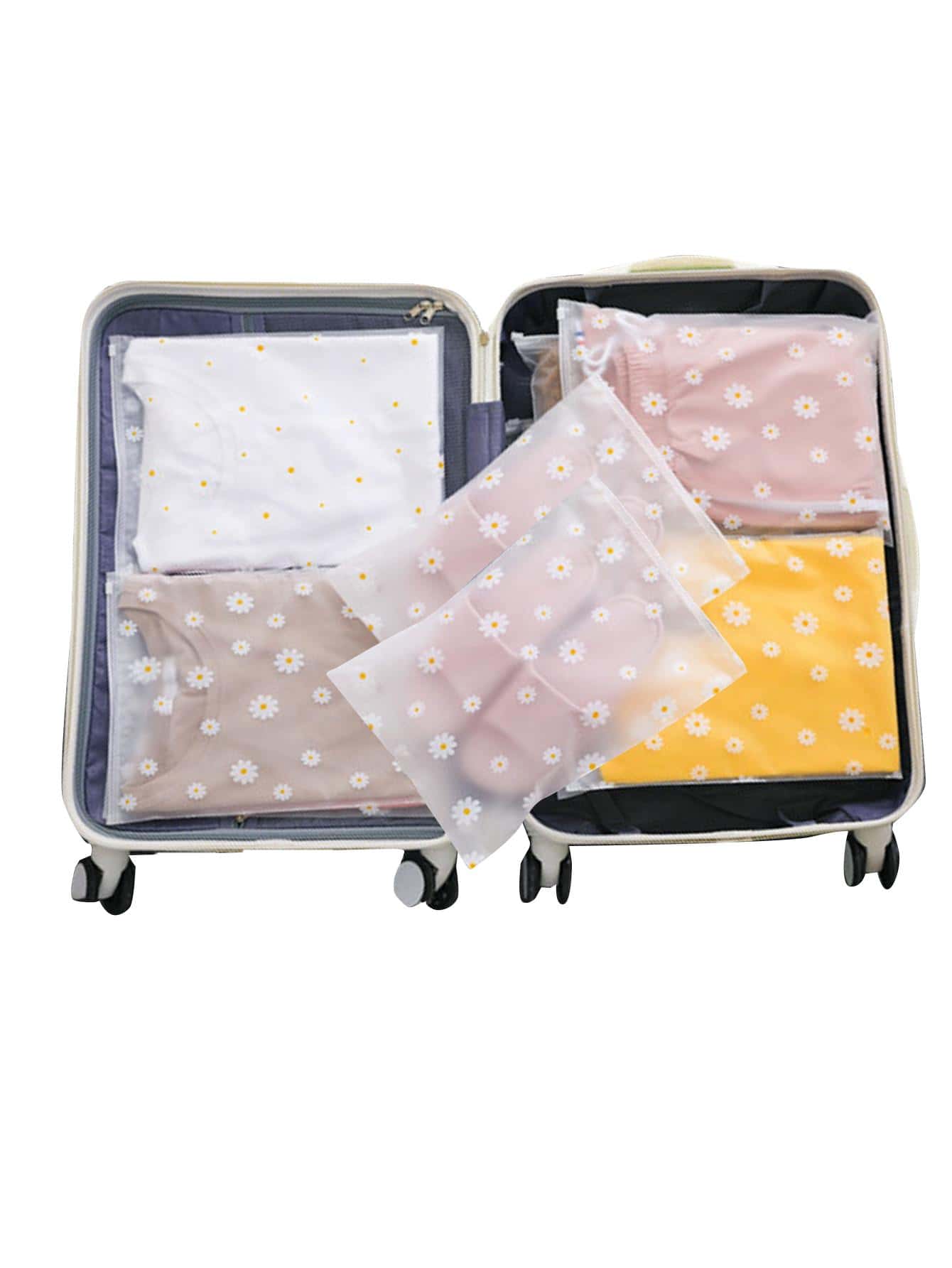 7pcs Floral Pattern Travel Storage Bag PVC Clothes Storage Bag, Travel Organizer Set, Packing Cube Set With Shoe Toiletry And Laundry Bags School Supplies College Dorm Essentials For Student Room Decor Bedroom Decor School Supplies School Accessories Back To School University Students Holiday Summer Festival Vacation Clothing Storage Box Closet Storage Container Bag Organizer For Bedroom Home For Blankets Beddings Comforter Pillow Toys - Clear - View 1
