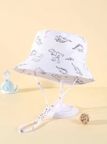 1pc Baby Dinosaur Pattern Drawstring Adjustable Bucket Hat For Daily Life - White - View 1