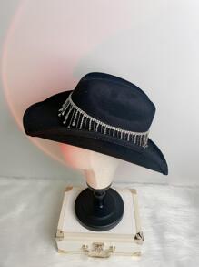 1pc Women Rhinestone Fringe Decor Adjustable Cowboy Fedora Hat For Party - Black - View 2