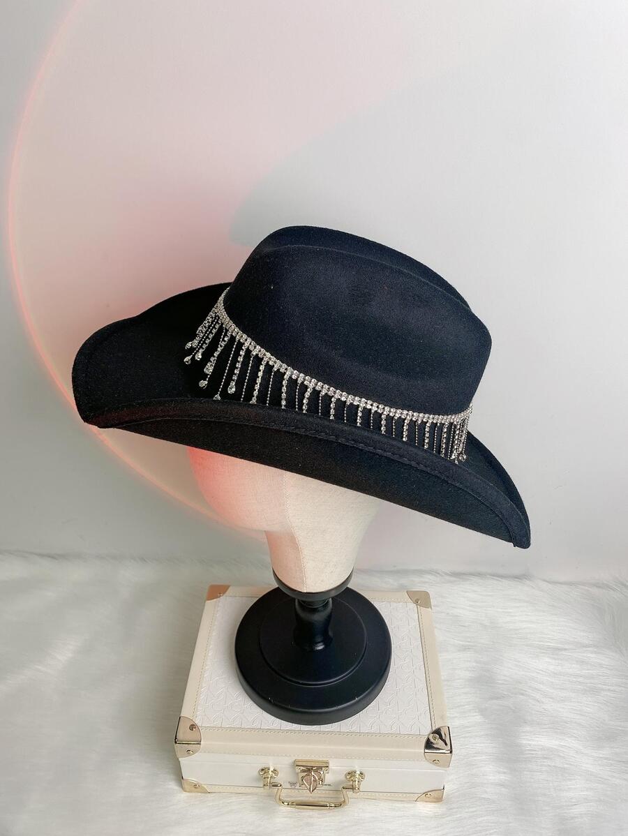 1pc Women Rhinestone Fringe Decor Adjustable Cowboy Fedora Hat For Party