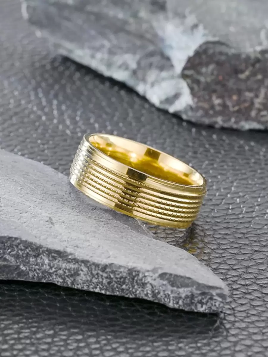 1Pc Fashion Titanium Steel Textured Decor Ring For Men Women For Festival Gift For A Stylish Look For Party - Gold - View 1