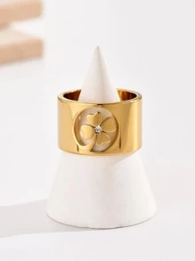 A European and American style stainless steel flower shape set Rhinestone light luxury high-grade women's ring manufacturers wholesale suitable for daily wear - Yellow Gold - View 3