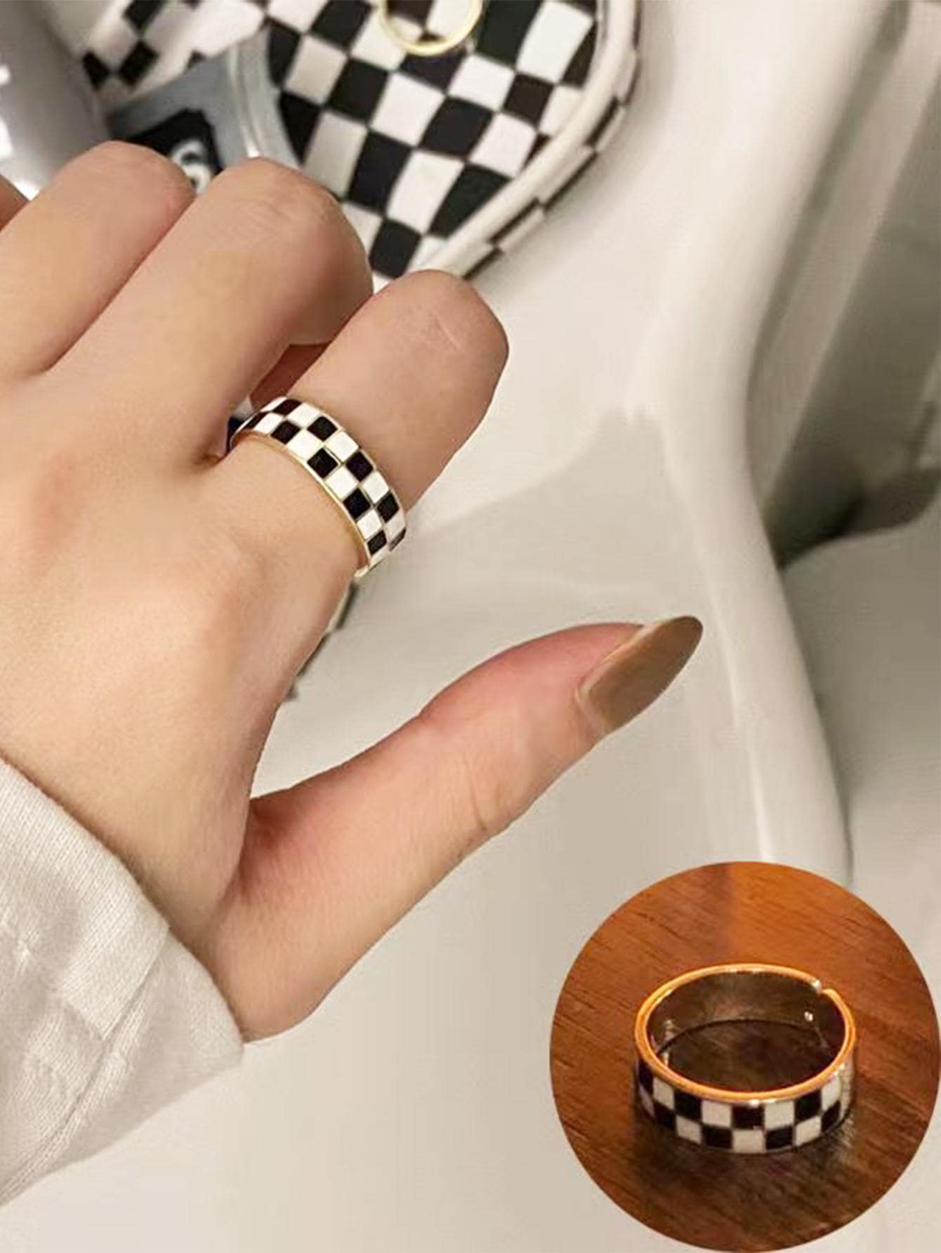 格紋圖案戒指 - 金黃色 - 查看 1