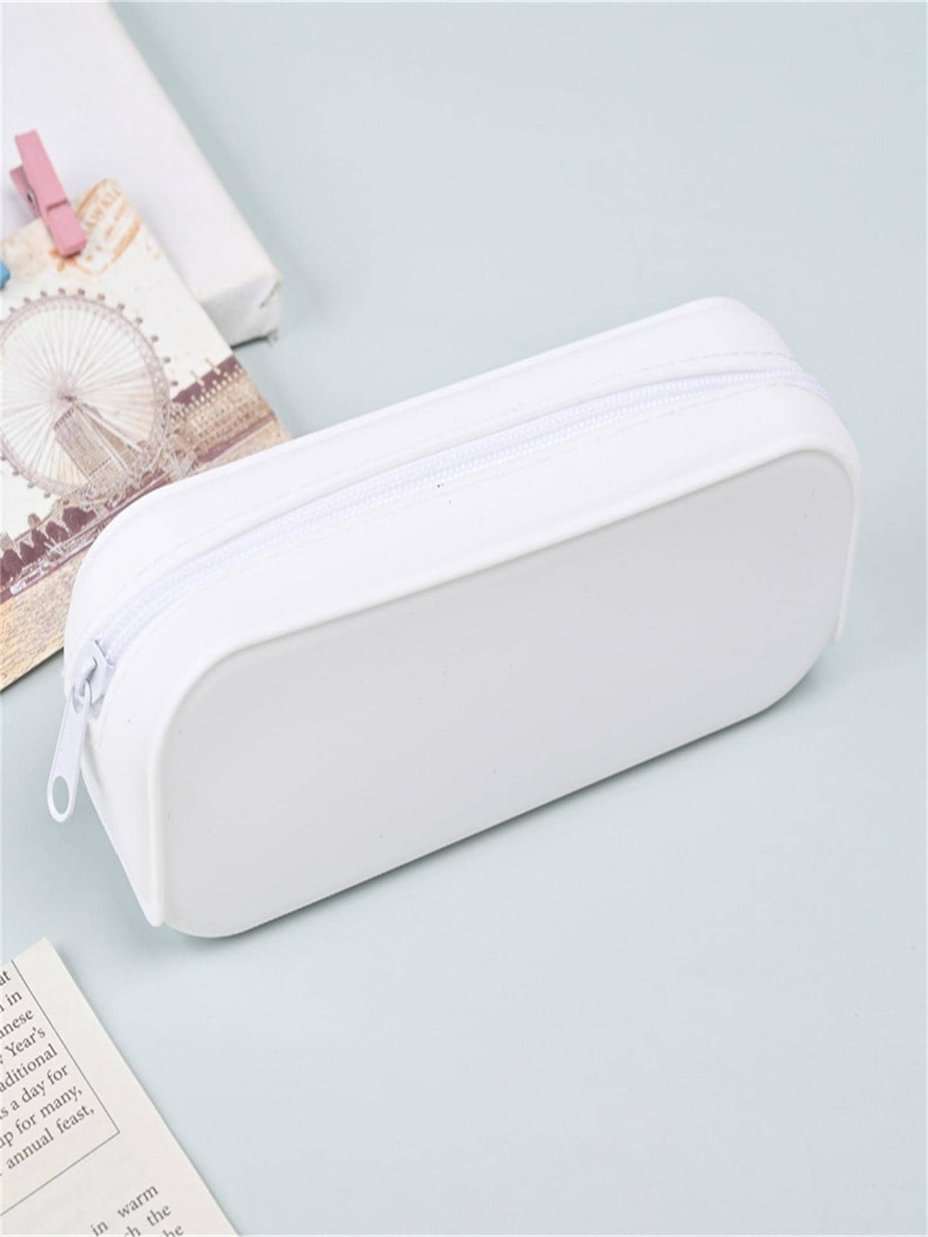 1入組素色拉鏈細節筆可愛多用途筆袋 - 白色 - 查看 1
