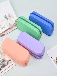 1入組素色拉鏈細節筆可愛多用途筆袋 - 白色 - 查看 3