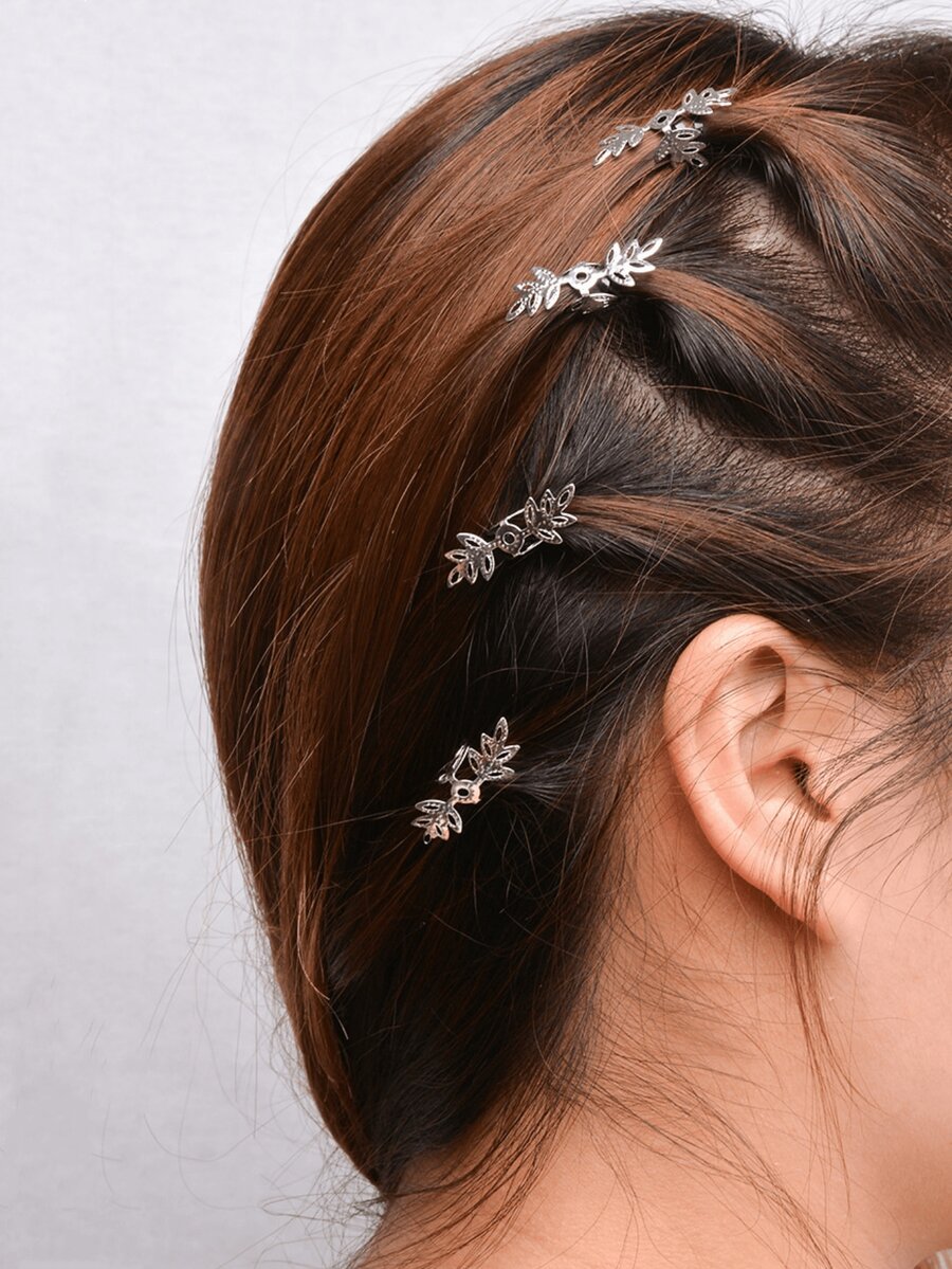 5入組女士樹葉設計時尚髮夾適用於頭髮裝飾用品 - 銀色 - 查看 1