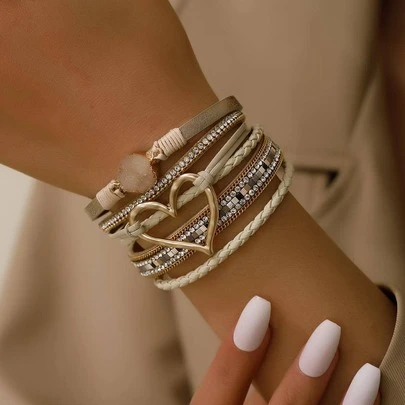 1pc Bohemian Style PU Polyurethane Cubic Zirconia Heart Decor Multi-Layer Bracelet, Gift For Women, Valentine's Day, Mother's Day