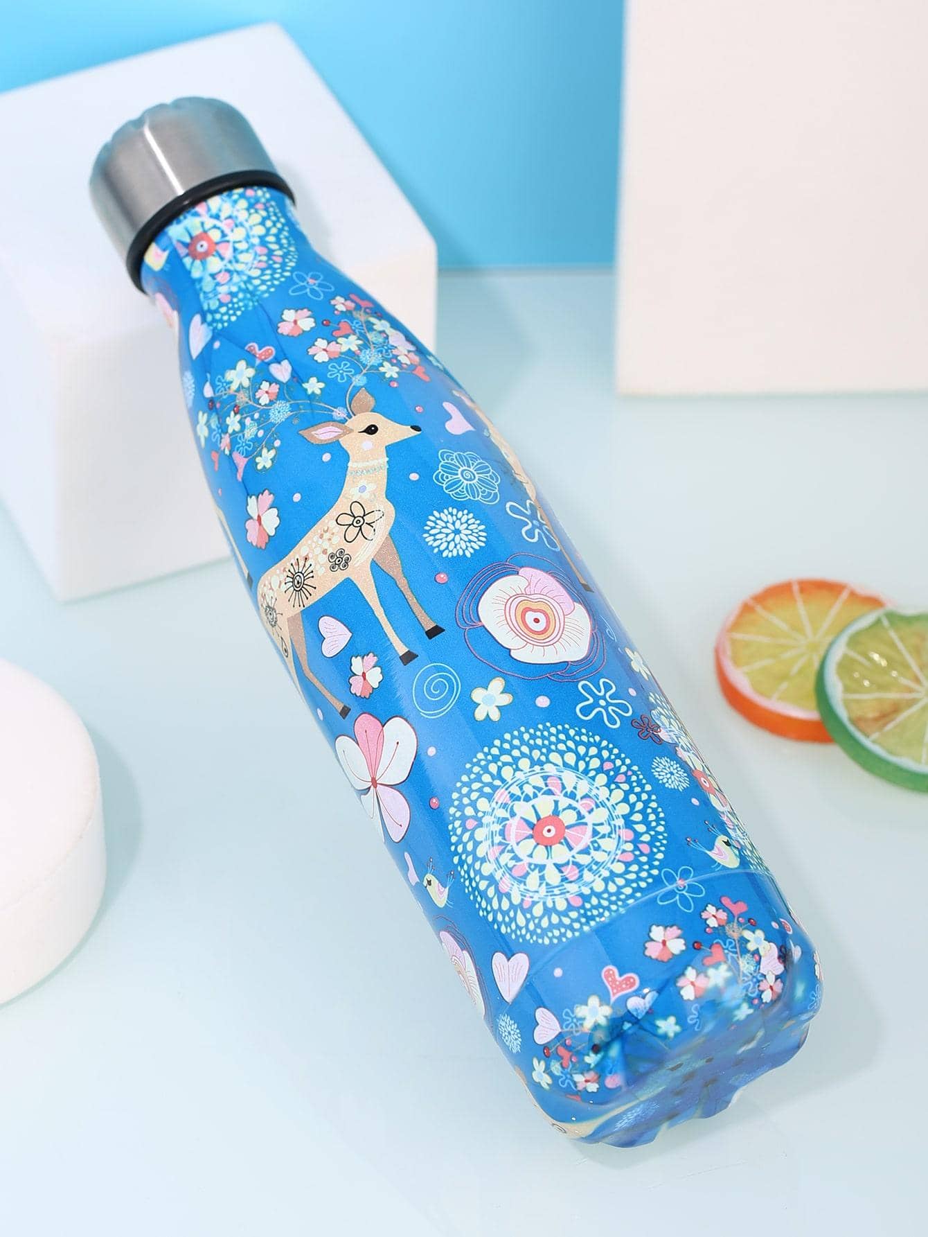 1入組卡通小鹿和花卉圖案不銹鋼保溫瓶 - 藍色 - 查看 1