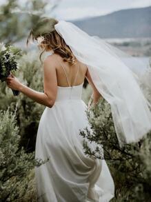 1 pieza Velo de novia sólido y simple para boda, para ropa de mujer de boda al aire libre en otoño - Blanco - Ver 1