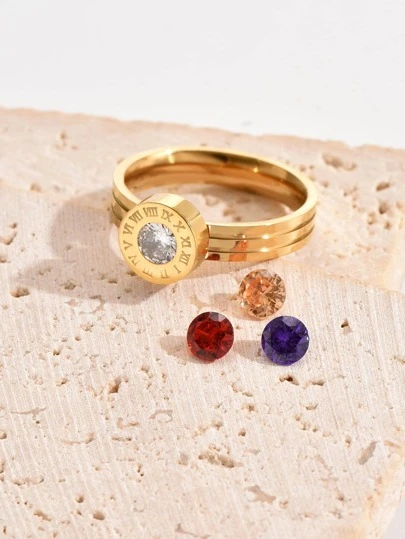 1入組羅馬數字細節方晶鋯石裝飾戒指帶3入組/套替代品裝飾用品