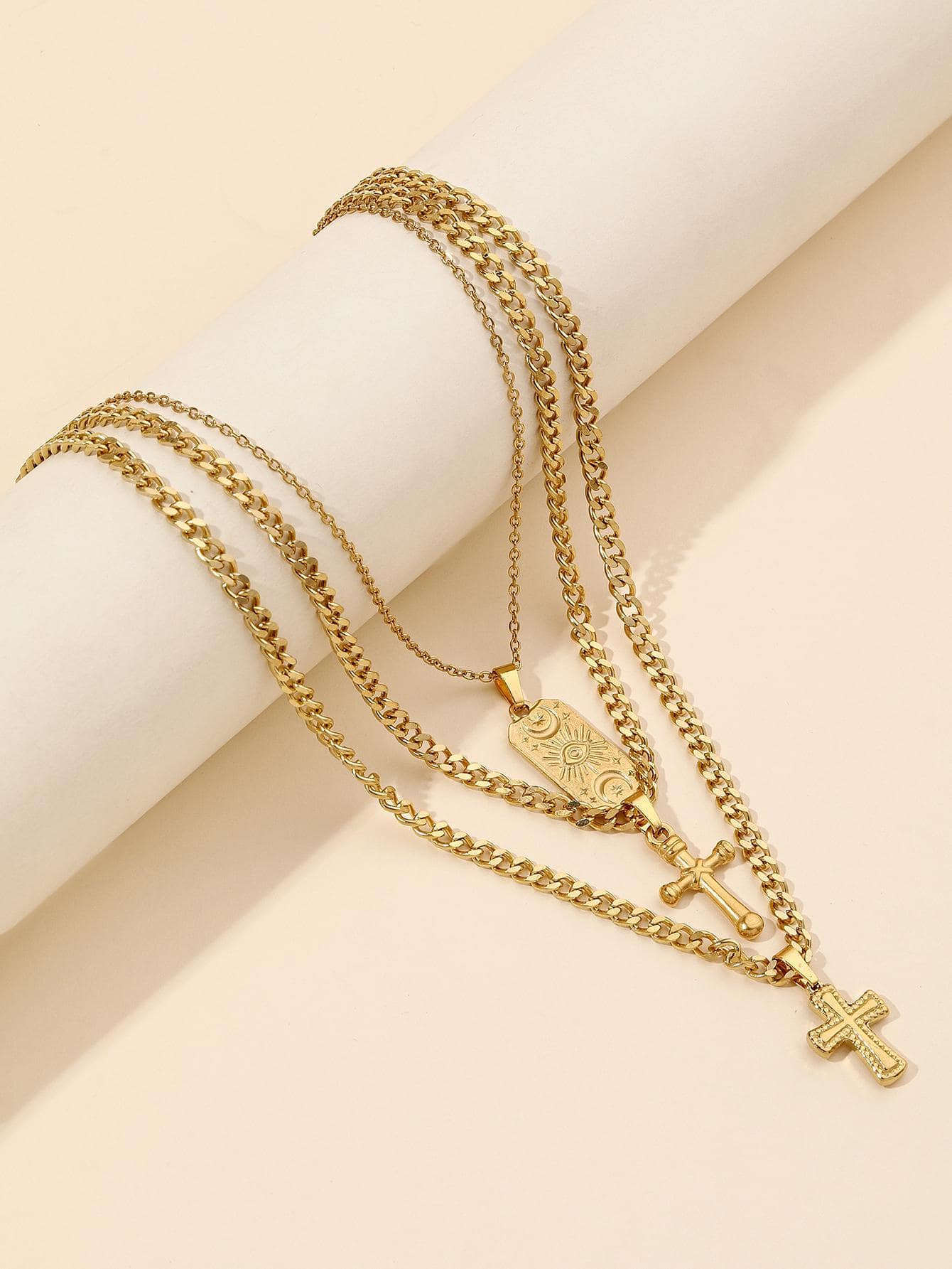 3入組/套時尚不銹鋼交叉和矩形吊墜項鍊適合女士日常裝飾 - 金黃色 - 查看 1