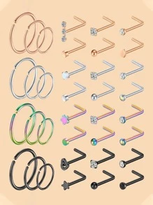 金色不锈钢鼻环 L 型鼻钉 螺纹鼻环 骨形银色套装 男女通用 20G 鼻环鼻钉 10-36 个装 - 銀色 24個鼻釘鼻環套裝 - 查看 13