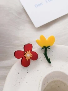 Flower Design Mismatched Stud Earrings - Multicolor - View 1