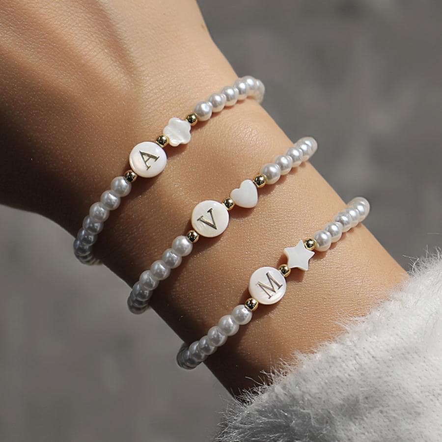 優雅心和星形裝飾珍珠串珠手環適合女士適合派對 - 白色 - 查看 1