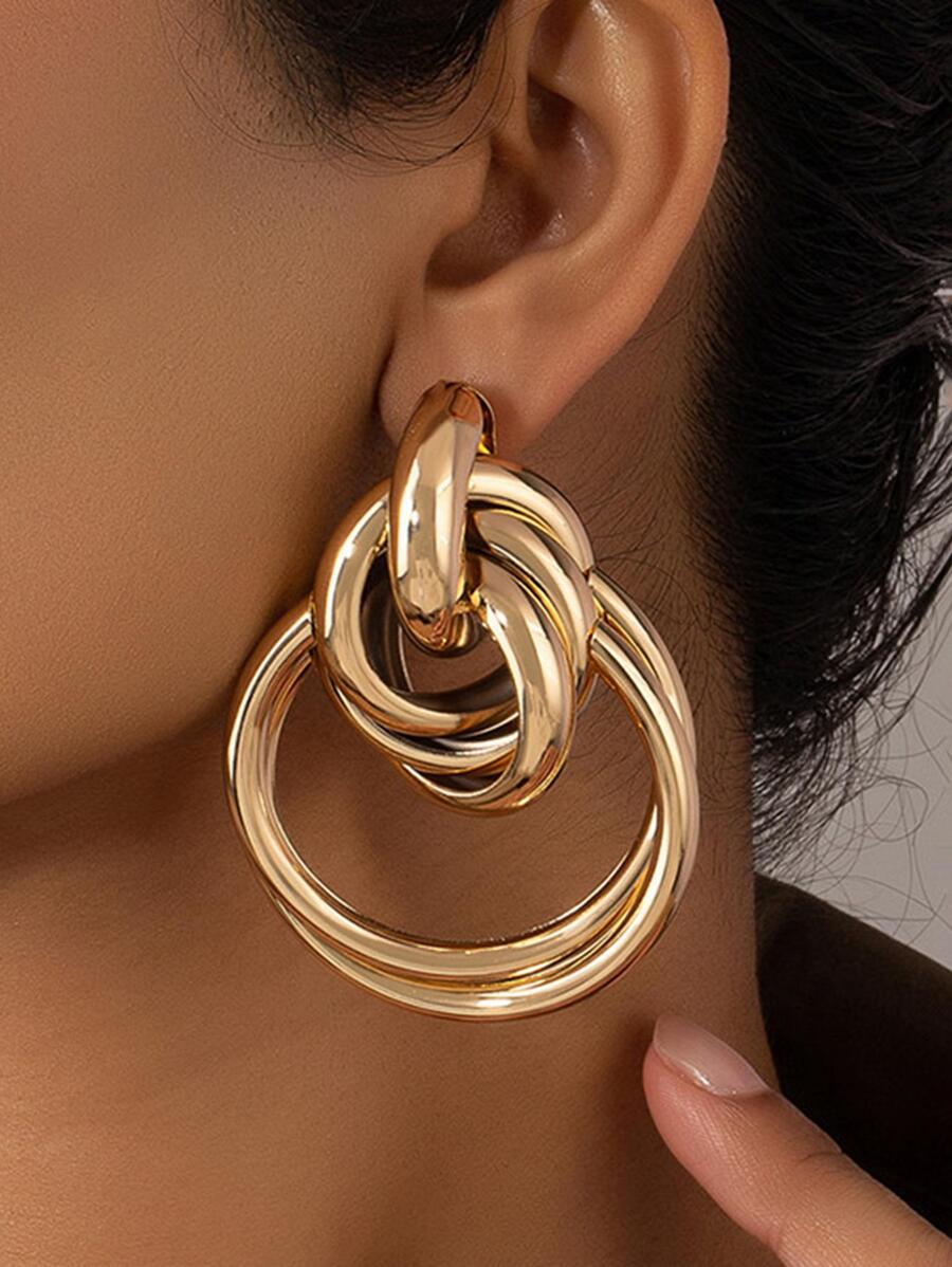 1對時尚多圓形耳墜適合女士日常裝飾 - 金黃色 - 查看 1
