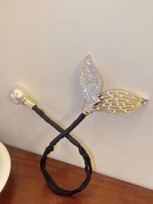 1 件装女士珍珠和水钻鱼尾装饰时尚发带，用于头发装饰优雅马尾辫固定器发圈弹性发绳 - 彩色 - 查看 3