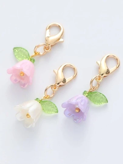 3件套迷你锌合金塑料材质女士DIY饰品仿珍珠铃兰花叶钥匙扣、背包挂饰、耳机盒挂饰，情人节汽车配件包包挂饰，可爱哥特风Y2K风格包包挂饰，带证件夹的挂绳，圣诞礼物，送给老师、朋友、姐妹的礼物创意