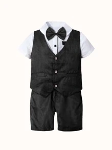 小男童前蝴蝶結襯衫和點點圖案馬甲和短褲 - 黑與白 - 查看 3