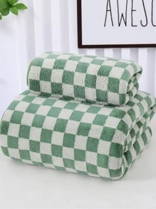 1pc Checkered Pattern Towel, Modern Microfiber Towel For Bathroom, Gym, Hotel - Green - View 2
