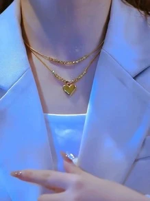 1 件时尚不锈钢心形吊坠多层项链，适合女士日常装饰情人节 - 金色 - 查看 3