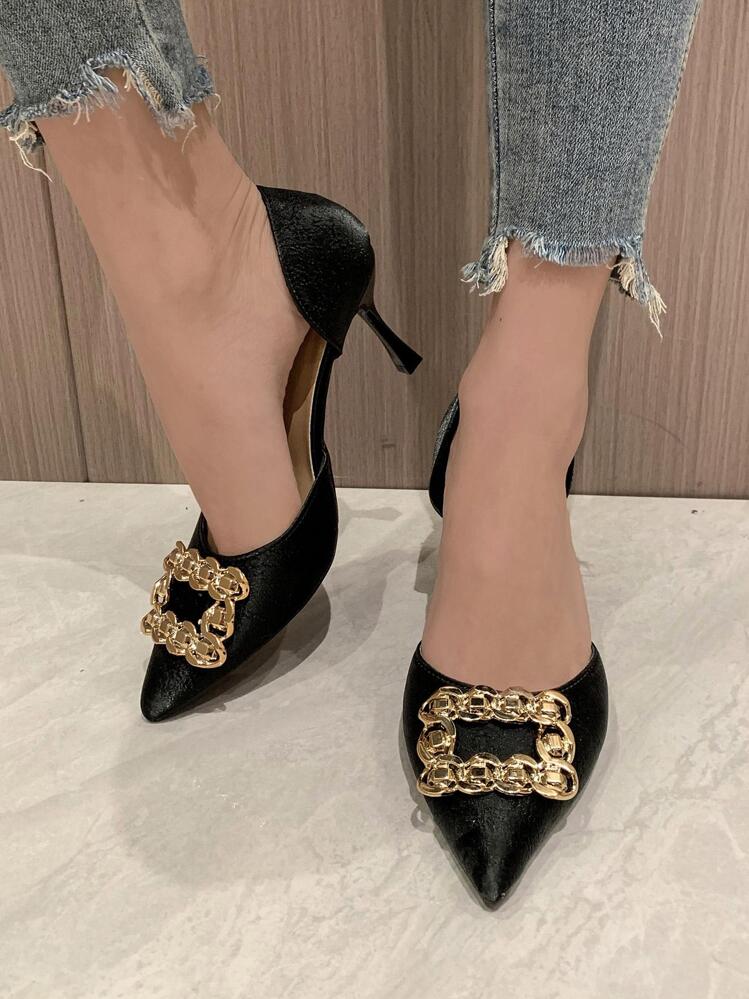 glamour noir Escarpins pour à strass & à chaîne à bout pointu à talons pyramidaux Escarpins - Noir - Voir 3