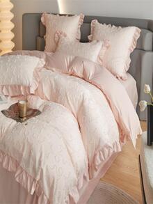 4 cái/bộ Ruffle Decor Bộ Vỏ Chăn (1 Vỏ Chăn & 2 Vỏ Gối & Ga Trải Giường) Bộ Chăn Ga Gối Vải Hiện Đại Cho Gia Đình, Tất Cả Các Mùa - Hồng - Xem 5