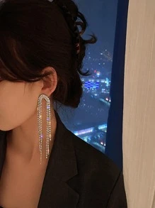Glamorous Glass Rhinestone Tassel Decor Drop Earrings For Women For Daily Decoration - Silver - View 3